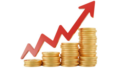 Golden coins and rising arrow symbolize financial growth and success