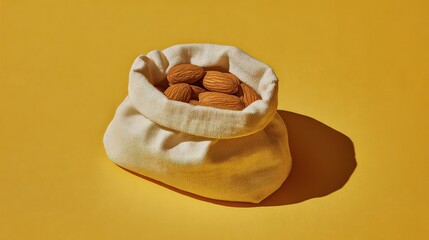 Small White Linen Bag Filled With Light Brown Almonds On Yellow Background