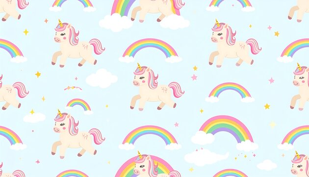 Cute unicorns with rainbows and clouds