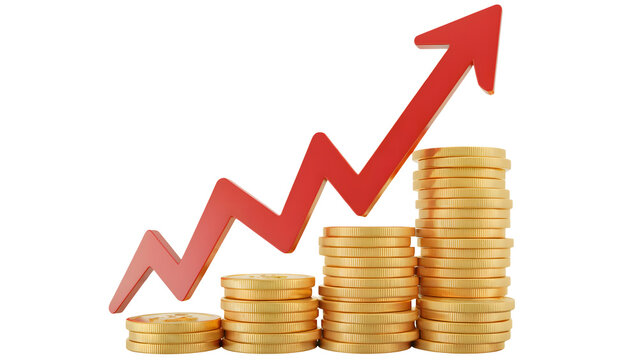 Golden coins and rising arrow symbolize financial growth and success