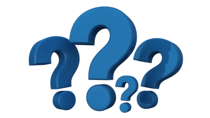 Dynamic 3D blue question marks on black background, asking for answers