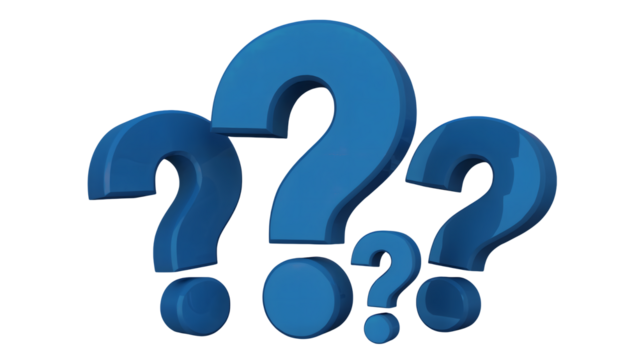 Dynamic 3D blue question marks on black background, asking for answers