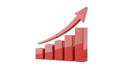 Red bar chart with upward arrow showing business growth and success