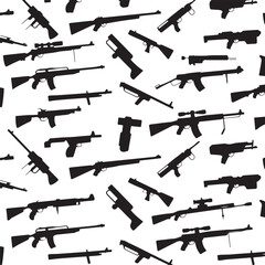 Seamless pattern of various firearm silhouettes on a white background rifle shotgun