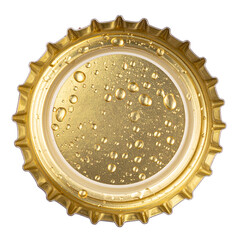 Close-up Beer Bottle Cap with Condensation Isolated On White Background: A detailed macro shot showcasing a golden beer bottle cap, beadlets of condensation and the promise of refreshment.