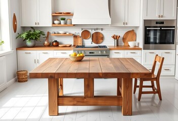 Rustic solid wood table on bright white kitchen backdrop, breakfast bar, wood table
