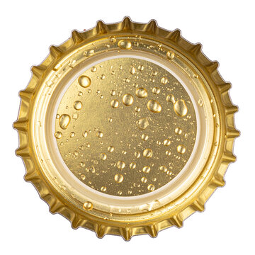 Close-up Beer Bottle Cap with Condensation Isolated On White Background: A detailed macro shot showcasing a golden beer bottle cap, beadlets of condensation and the promise of refreshment.