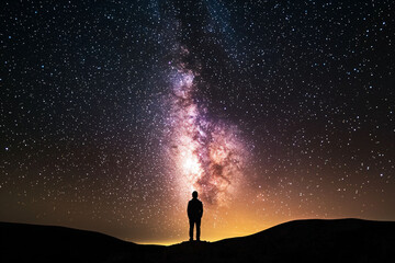 Silhouette of Person Against Stunning Starry Night Sky with Galaxy