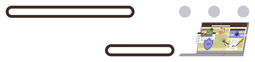 Laptop screen showing security dashboard with shield, files, graphs, and checkmarks. Ideal for data protection, online security, privacy, technology, cyber defense system monitoring simple flat