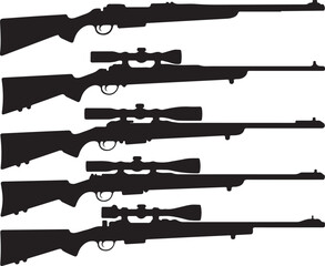 Five Sniper Rifles with Scopes in Silhouette on White Background weapon firearm