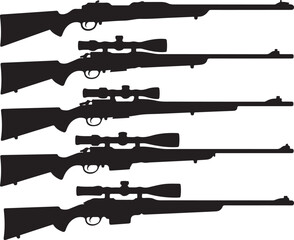 Collection of Sniper Rifle Silhouettes with Scopes on White Background Keywords: sniper rifle