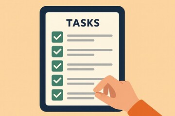 A hand is pointing to a checklist on a clipboard.