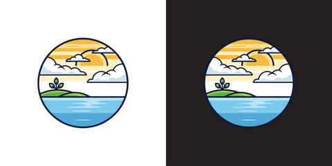Island Nature Logo. Sunrise Vector. Morning Ocean Logo. 