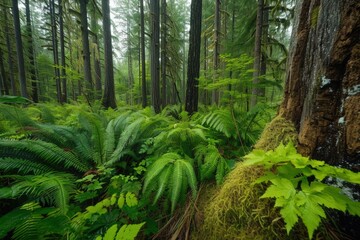 Fototapeta premium Lush ferns and trees in a green forest
