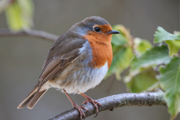 European Robin Bird: Detailed Photo of a Robin Redbreast on a Branch