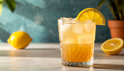 Refreshing Lemonade: A vibrant, refreshing lemonade, garnished with a slice of lemon and ice cubes, sits invitingly on a cool surface, exuding a sense of revitalization and zesty delight.