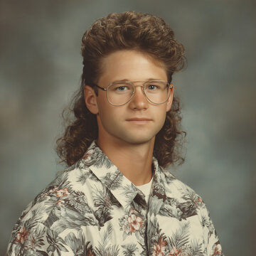 Retro 1990s Mullet Hair Style Portrait Retro Glasses Floral Shirt Classic Vintage Smile Young Male Casual Headshot Identity Personality Friendship Summertime School Memory Emotion Nostalgia