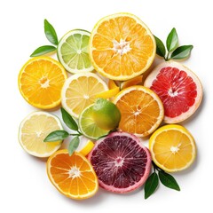 Obraz premium Colorful citrus slices arranged on white background, with fresh leaves