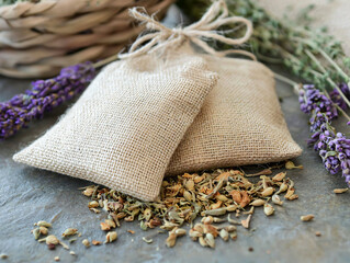 Rustic burlap bags filled with aromatic herbs and dried flowers