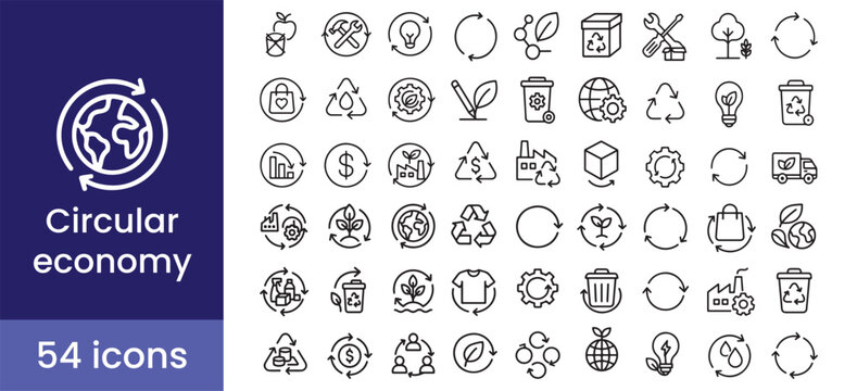 Circular economy icon set for a sustainable green environment, with symbols to recycle, reuse, reduce, and manage eco waste.

