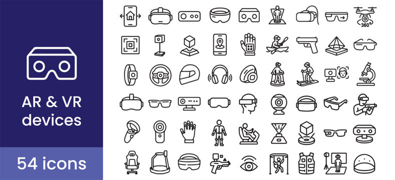 AR and VR icon set for virtual reality, gaming, and technology with headset and glasses symbols.

