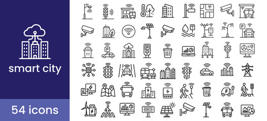 Smart city icon set with urban technology symbols for future infrastructure, IoT, transportation, sustainability, and innovation.

