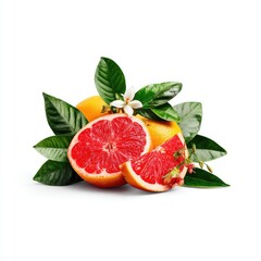 Fresh grapefruit slices with leaves and flowers