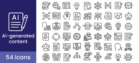 AI content icon set with robot, brain, and chatbot symbols for technology, writing, and automation.

