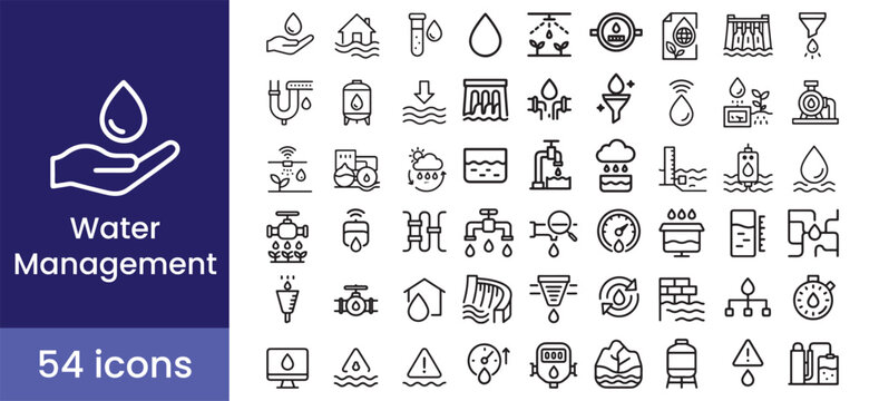 Water management icon set with line symbol for resource conservation, purification, and supply.

