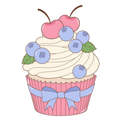 Cream Cupcake With Blueberry and Cherry Fruits. Flat and Simple Food Illustration.