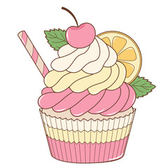 Cream Cupcake With Cherry and Orange Fruits. Flat and Simple Food Illustration.