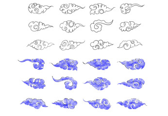 Set of Asian and Oriental Clouds: A Collection of Stylized and Traditional Watercolor and Line Art Illustrations in Blue and Indigo, Perfect for Graphic Design, Mystical Themes, and Cultural Decor.