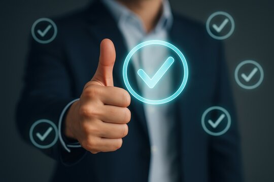 Hand giving a thumbs up with glowing check marks.