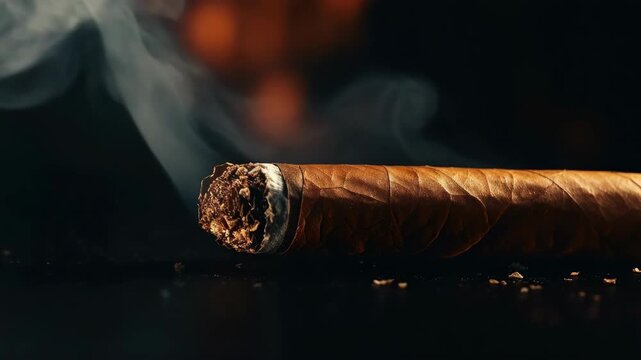 Close-up of cigar ash against black background, highlighting smoke and texture.