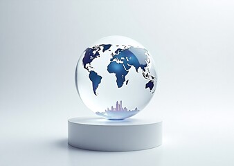 A clear glass world globe sits on a white pedestal, illuminated from below, showcasing a vibrant map and digital data.