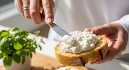 Woman Spreading Cottage Cheese on a Slice of Bread