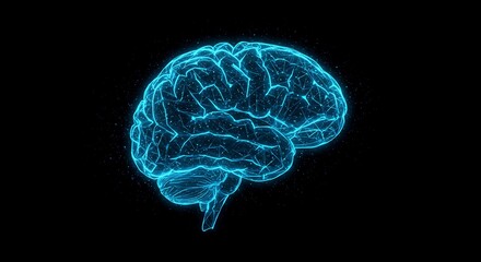 Human Brain Made of Blue Glowing Wires and Lines