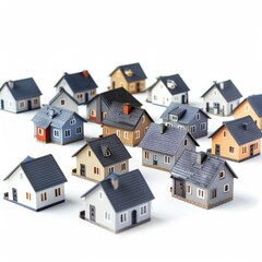 Miniature houses of various colors and styles arranged on a white background