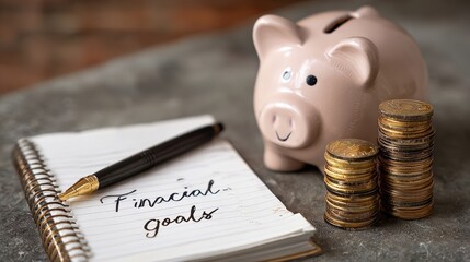 Financial goals notebook with piggy bank and stacked coins on table