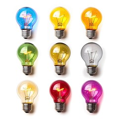Nine colorful light bulbs arranged in a grid against a white background.  Each bulb has a different translucent color, glowing with an inner light