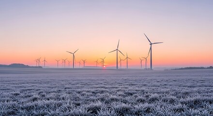 Wind turbines in a field covered with frost at sunrise. Clean energy concept.