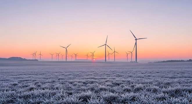 Wind turbines in a field covered with frost at sunrise. Clean energy concept. - Powered by Adobe