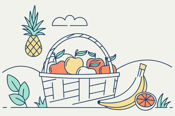 Fototapeta premium Stylized illustration of a fruit basket with pineapple banana and orange