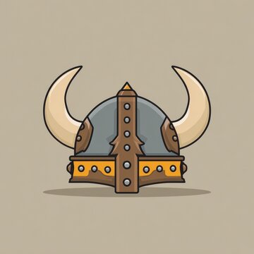 Cartoon-style viking helmet with curved horns atop a beige background
