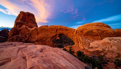 Stunning natural archway bathed in golden light at sunset.