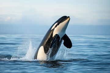 Fototapeta premium Sleek Orca Whale Emerging from the Sea in Motion