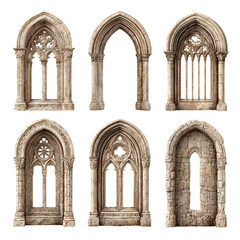 Ancient Architectural Elements: A meticulously crafted composition showcases a range of weathered gothic architectural elements, evoking history and artistic design. These time-worn relics.