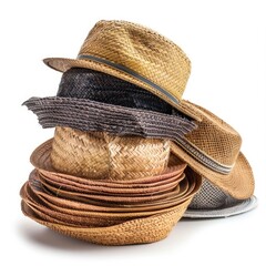 A stack of various straw and woven hats