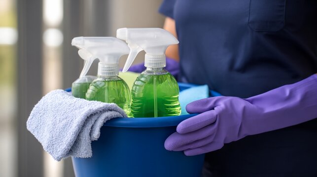 Cleaner holds blue bucket of cleaning supplies, spray bottles, rag, gloves