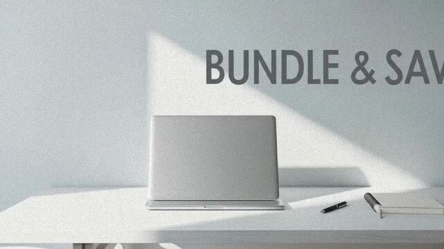 Bundle and save with laptop, notebook, and pen on a desk against a textured wall in a bright room, perfect for business promotions and educational content.